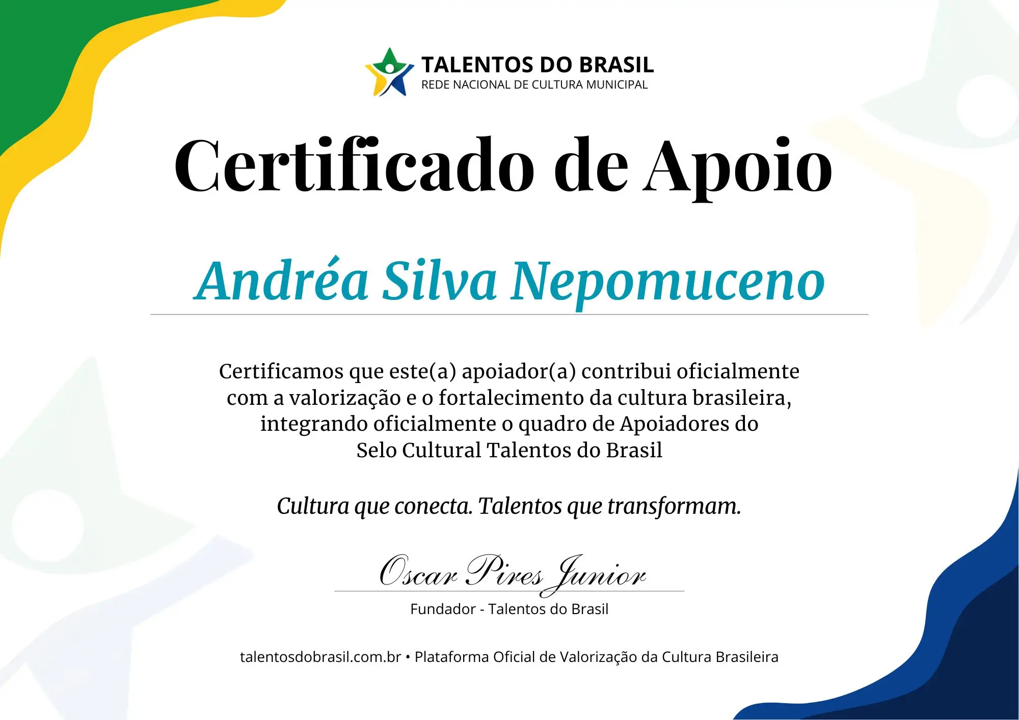 Certificado Personalizado de Apoio ao Selo Cultural Talentos do Brasil